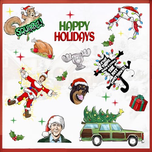 Mfault Happy Holiday Christmas Classic Movie Window Clings 9 Sheets, Xmas Vacation Clark Cat Dog Squirrel Deer Decorations, Car Tree New Year 2025 Party Home Kitchen Decor Holiday Gift