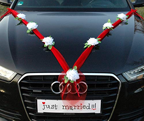 Organza M Auto Schmuck Braut Paar Rose Deko Dekoration Hochzeit Car Auto Wedding Deko Girlande PKW (Reinweiß/Rot)