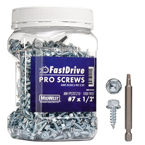 Midwest FastDrive Pro Screws - #7 x 1/2 Inch (1000 Count) Self-Piercing Screws with Tapered Tip & Zinc Plating - MW-FPS7X1210
