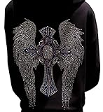 Multicolor Rhinestone Cross and Angel Wings Black Zipper Hoodie(L)