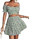 LYANER Women's 2 Piece Outfits Floral Off Shoulder Tie Up Crop Top and Mini Skirt Set Green Medium