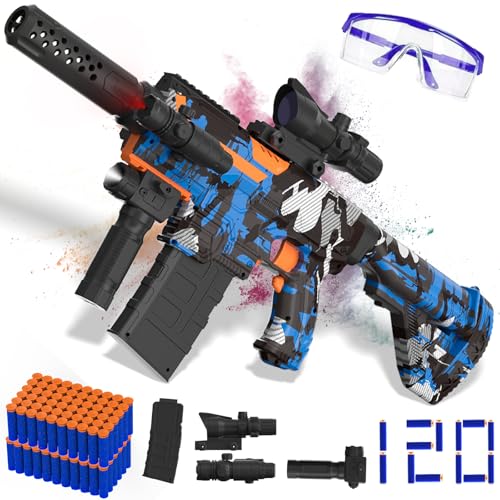 Automatic Toy Foam Blaster with Scope, Electric Toy Gun Dart Blaster with 120 Foam Darts for Nerf Guns, IR, Flashlight, Goggles, Air Pocket Technology Outdoor Shooting Game Kids Toys for 8-12 -Blue