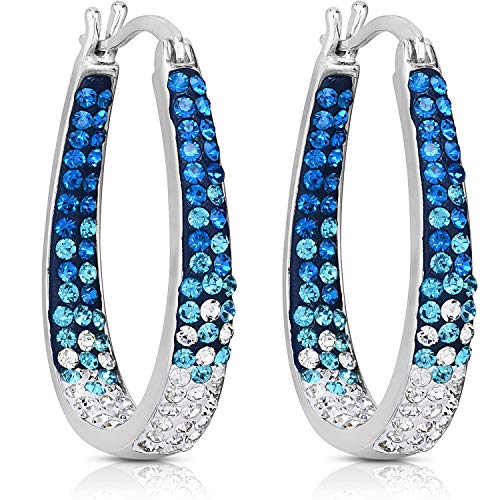 Savlano 14K White Gold Plated Inside Out Crystal Hoop Earrings For Women (Light Blue-White)