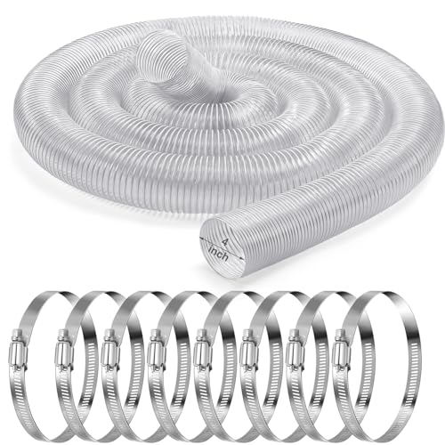 Yaocom 4 Inches 30 ft PVC Dust Collection Hose with Stainless Steel Clamps Set Flexible Clear Vacuum Puncture Resistant Fume Hose for Vacuums Cleaner Fume Dust Collection System