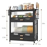 FAQINZYUAN Kitchen Countertop Dish Storage Cabinet with Drawers,4-Layer Dust-Proof Dish Cabinet Storage for Bottles, Dish, Bowls, Console Dining Cupboard（Black