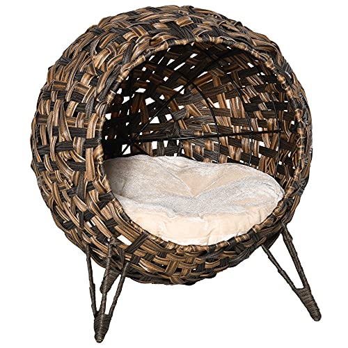 PawHut 20.5" Weaved Cat Bed, Elevated Hand-Woven Braided Banana Leaf Kitten House Condo with Cushion, Brown