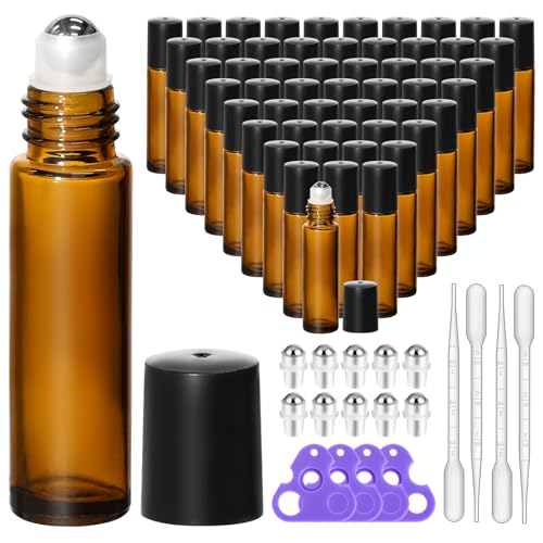 KEYWING 54 Pack Empty Essential Oil Roller Bottles – 10ml Amber Glass Roll-On Bottles with Stainless Steel Roller Balls & Caps, Refillable Perfume Containers for Travel & DIY
