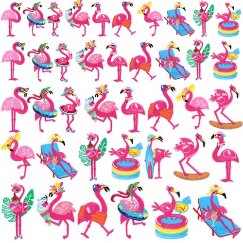 Tigeen 48 Pcs Pink Flamingo Sew on Iron on Applique Patches for Jeans, Clothes, Jackets, Dress, Hats, Badges, Flamingo Embroidered Patches Repair Emblem Decoration for Summer Beach Party