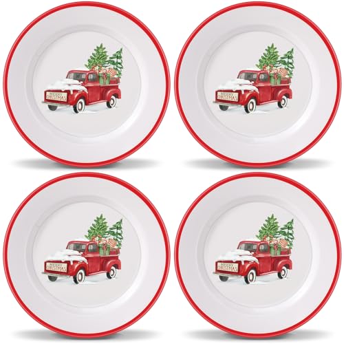 Rtteri 4 Pcs Christmas Plates 10 Inch Christmas Dinner Plates Festive Round Trays Christmas Dishes Dinnerware Set for Salad Pasta Dessert Xmas Holiday Party Supplies Gifts(Truck)