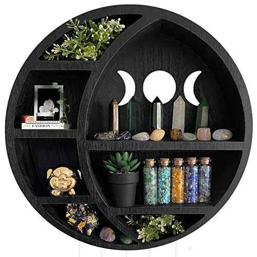 Ella & Emma Wooden Moon Shelf - Crescent Moon Crystal Storage & Wall Hanging Shelves for Bedroom Aesthetic, Moon Phase Wall Decor & Display Shelf, Pinewood, Black