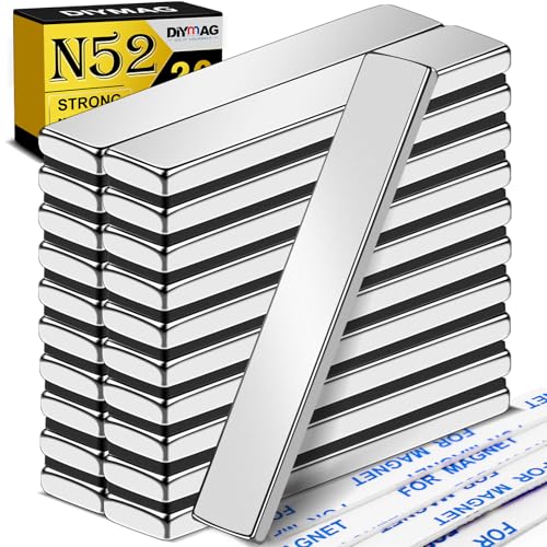 DIYMAG N52 Powerful Neodymium Bar Magnets, 20 Pack 60x10x3mm Heavy Duty Magnets with Double-Sided Adhesive, Rare Earth Magnet for Fridge, DIY, Garage, Kitchen, Science, Craft, Office