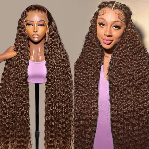 30 Inch Chocolate Brown Deep Wave Lace Front Wigs Human Hair 210 Density 13x6 HD Lace Frontal Wigs Human Hair Pre Plucked Deep Curly Brown Glueless Wigs Human Hair for Women