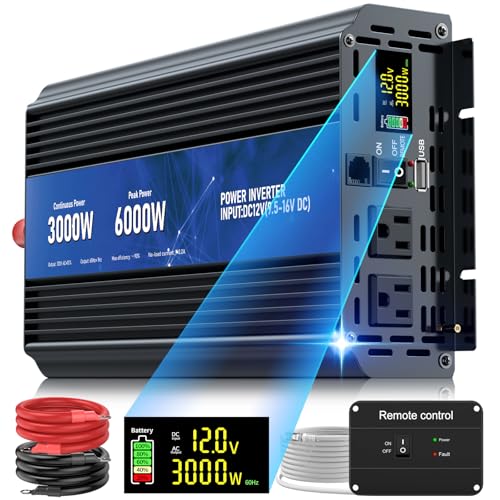 3000W Power Inverter,Peak Power 6000W 12V DC to AC 110V120V,Remote Control with 2AC Outlets and 2.4USB Port,LED Display for Power Converter,Outdoor Activities,Emergency,Vehicles Truck RV Solar System