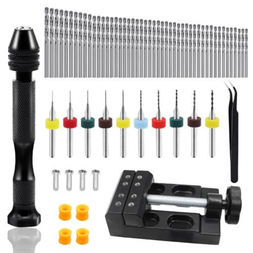 Dianrui 61PCS Pin Vise Hand Drill Set including 1PC Mini Drill Press Vise, 10PCS PCB Mini Drill Bits, 1PC Elbow Tweezers and 48PCS 0.3-3.5mm Micro Twist Drill Bits