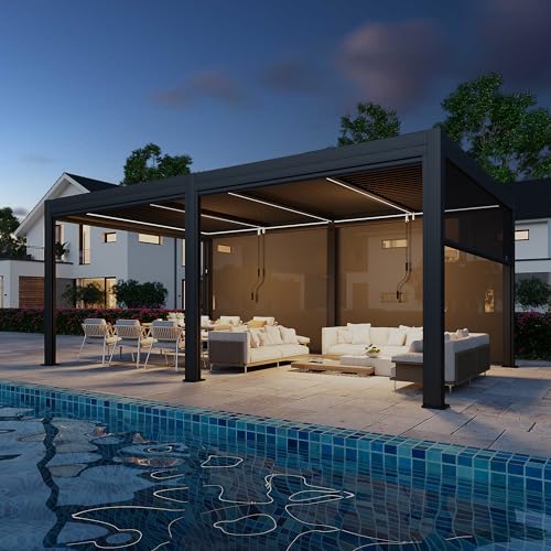MELLCOM Motorized Louvered Pergola 10x20, Solar and Electric Powered with LED and 6 Side Screens, Aluminum Adjustable Louvered Roof for Outdoor Shelter, Weatherproof, Dark Gray
