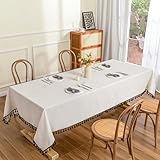 MYSKY HOME Table Cloth 60x102 in Rectangle Table, Cotton Tassel Linen Look Waterproof Tablecloths Farmhouse Tablecloth, Wrinkle Free Table Cover with Black Tassels for Kitchen Dining, Party