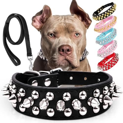 Dog Collars for Medium Dogs with Leash, Epesiri Spiked Dog Collar for Large Dogs, Dog Collar, Studded Rivet Pit Bull Leather Dog Collar Durable Cat Collar for Small Medium Large Pet Gift