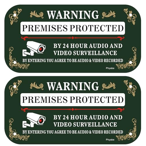 Phyabe 2 Pack Premises Protected by 24 Audio and Video Surveillance Sign, 12 x 6 inch Rust Free Aluminum Surveillance Sign, Weather Resistant, Waterproof, Durable Ink, Easy to Install