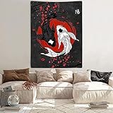 Japanese Yin Yang Koi Fish Tapestry, Cool Red and Black Anime Sakura Art Tapestries Vertical Wall Hanging for Men Bedroom Living Room Office Decor 40X60", Asian Cherry Blossoms Poster Blanket