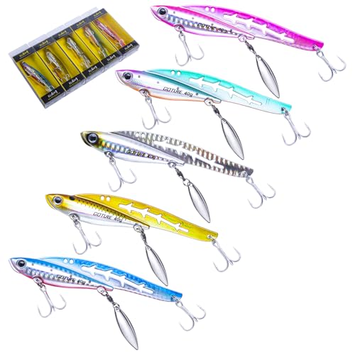 Goture 5pcs Metal Vibration Fishing Lure, Two Hole Jig Design for Saltwater Fishing, Ideal for Bass Salmon Walleye with Hook, Stainless Steel Blades Lead High-Carbon Steel, 1.4 Oz, 5 Colors