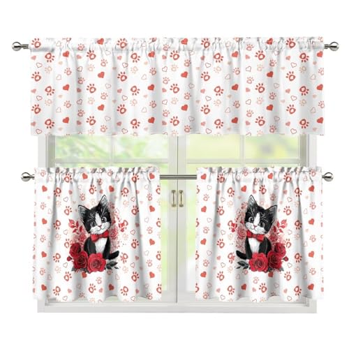 PJHEQOXE Cute Cat Kitchen Window Curtains Valance and Tier Set 36 Inch, White Modern Rod Pocket Short Tier Curtain for Bathroom, Small Cafe Curtains for Laundry Room,Basement,Kid's Room