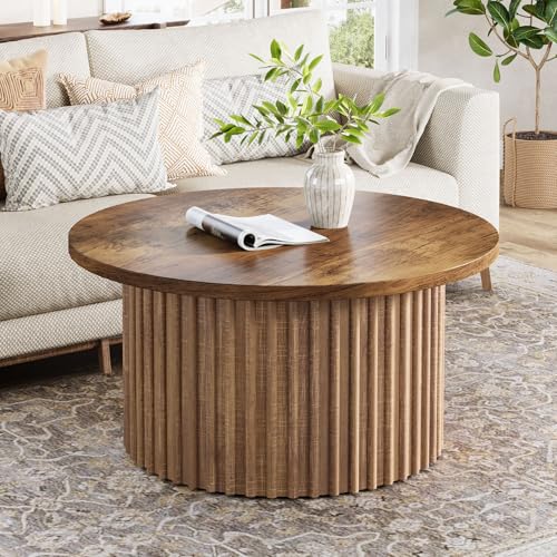 Tribesigns 31.5" Round Coffee Table, Farmhouse Circle Coffee Table with Metal Base, Modern Wood Accent Center Table Sofa Side Table for Living Room, Home Office, Wood Grain Veneer Top