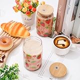 Whaline 2 Pack Strawberry Iced Coffee Cup Red Pink Strawberry Flower Drinking Glasses Cute Beer Can Glass with Lid Straw Cleaning Brush for Home Office Gifts,16oz