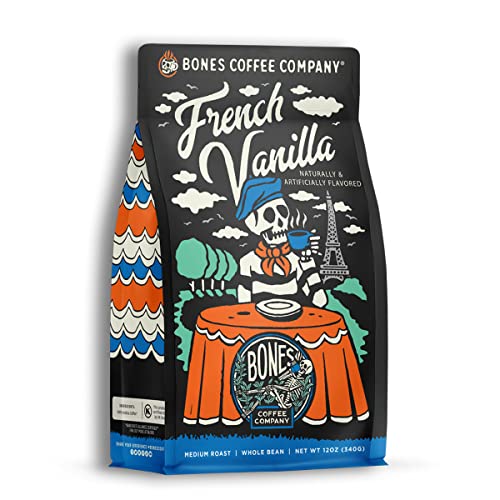 Bones Coffee Company French Vanilla Flavored Coffee Beans, Whole Bean Coffee Medium Roast Low Acid, Creamy Vanilla Flavor (12 oz)