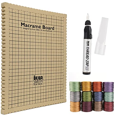 The Beadsmith Mini Macrame Kit - Bead Board 11.5 x 15.5 inches - Thread Zap II - 5.25” Thread Burner - S-Lon Cord #18 Cord, Multipack with 4 Spools – for Macrame and Knotting Jewelry Projects