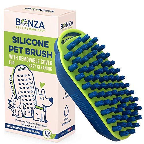 Bonza Dog & Cat Grooming Massage Brush with Removable Screen – Pet Scrubber for Gentle Short & Long-Haired Fur