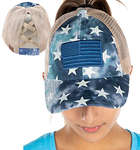 Funky Junque Women's Messy Bun Ballcap, Criss Cross Ponytail Trucker Hat, Distressed American Flag Star Print, Navy Mesh