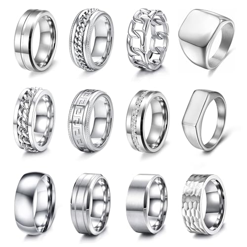 EIELO 12Pcs Stainless Steel Band Rings for Men Women Square Signet Pinky Thumb Ring Silver Chunky Thick Dome Cuban Link Chain Ring Simple Cool Finger Wedding Ring Set Size 12