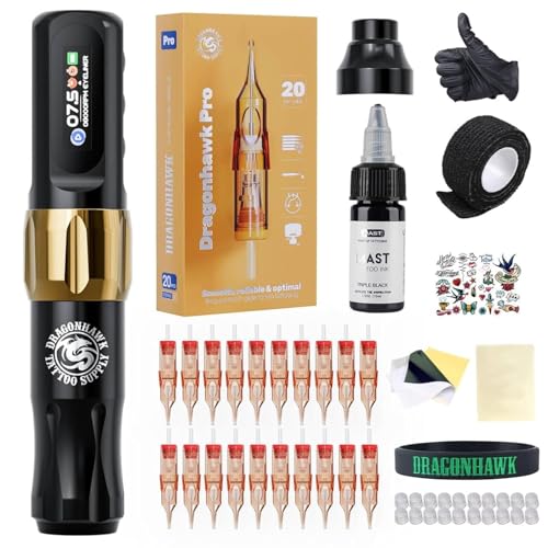 Dragonhawk Atom2 Tattoo Kit Wireless Pro Gun Machine 20 Tattoo Needles Cartridges Rca Supply Complete for Beginners