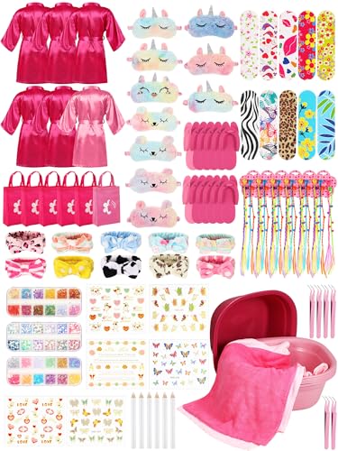 Suhine 6 Set Spa Party Supplies for Girls, Kids Satin Robes Nail Salon Kit Spa Kit Accessories for Birthday Party Favors (Classic Pink, Classic Rose Red)