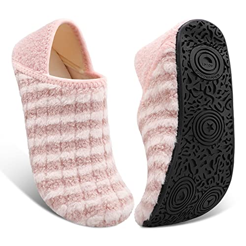 Fires Womens Mens Slippers with Rubber Sole Soft-Lightweight House Slipper Socks Around House Shoes Non Slip Indoor/Outdoor, Pinkstripe, 8-9 Women/6.5-7.5 Men