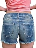 Flamingals Women's Ripped Denim Shorts Mid Blue Low Waist Lace Raw Hem Casual Skinny Jean Shorts Mid Blue L