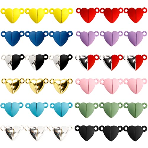 36 Pairs 12 Colors Heart Charms for Jewelry Making Heart Shaped Magnetic Clasps Connected for DIY Couple Bracelet Necklace Making Valentines Day Gifts (16x10.5mm)