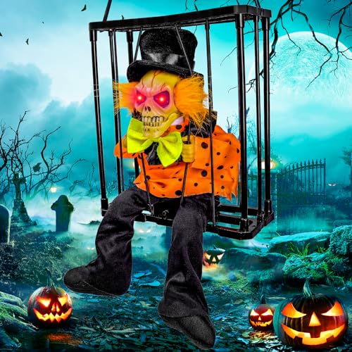 MGparty Halloween Screaming Animated Decorations Halloween Decor Prop with Motion Sensor Scary Skull Cage Prisoner Spooky Hanging Ghost Light Up Eyes (Orange)