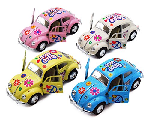 KiNSMART - 1967 Volkswagen Classic Beetle 5 Inch 1:32 Scale Die Cast Metal Model Toy Set Of 4 w/ Peace Love Decals