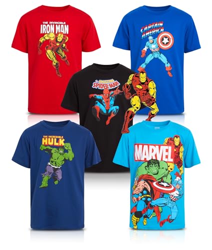 Marvel Avengers Boys' 5 Pack T-Shirts - Spider-Man, Hulk, Captain America, Iron Man, Thor (2T-20), Size 5-6, Marvel Multi Hero