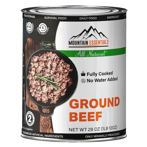 MOUNTAIN ESSENTIALS All Natural Canned Ground Beef 28 Oz – Fully Cooked, Ready to Eat Hamburger Meat – Pantry Staple for Everyday Meals, Emergency & Survival – 5-Year Shelf Life – Made in USA – 1 Pack