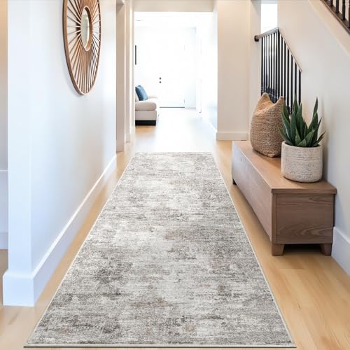3x10 Ft Long Hallway Runner Rug - Non-Slip Washable Kitchen Runner Rug with Rubber Backing | Modern Abstract Wide Floor Carpet Runner for Indoor Entryway, Bedroom, Living Room, Beige/Grey/Brown