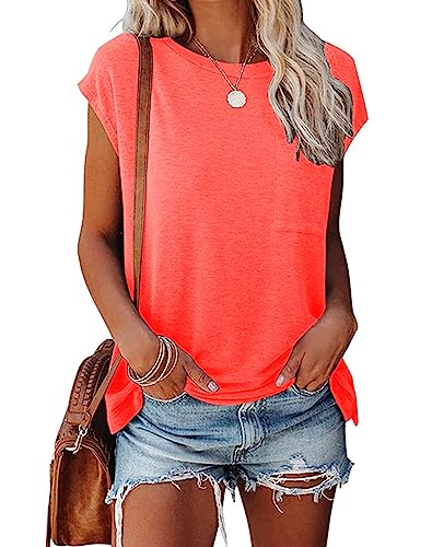Smile Fish Womens Summer Short Cap Sleeve Shirts Solid Loose Fit Pocket Tunic Tops Cotton Neon OrangeRed,XL