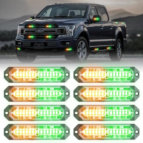 PKINGLAKE 8-Pcs 12 LED Sync Feature Emergency Strobe Grille Lights Ultra Slim Surface Mount Hazard Warning Flashing Light Bar for Firefighter/Construction/Police/Trucks/Vehicles/Car/SUV (Green/Amber)