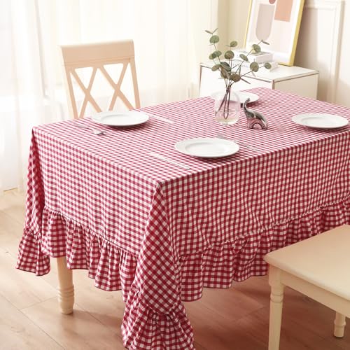 K MASANIJI 100% Cotton Red White Plaid Ruffled Table Cloth Rectangular 120x60 in Buffet Cottage Coquette Checker Gingham Vintage Decorative Tablecloth (Red/White Plaid, 120x60 inches)