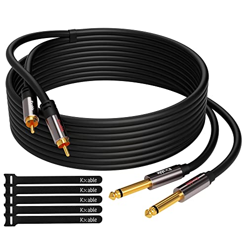 RCA to 1/4 Cable 50 Feet, Dual 1/4 inch TS to Double RCA Stereo Audio Interconnect Cord, Oxygen-Free Copper OFC, 2 x 6.35mm 1/4 inch Mono Male TS to 2 RCA Male Cable with 5 Cable Ties