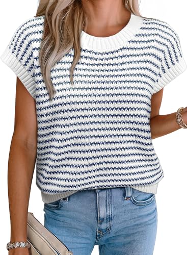 EVALESS Womens Sleeveless Sweater Vest Crew Neck Striped Tank Top Lightweight Knit Ribbed Casual Lightweight Spring Shirts Blue Large