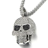 COOLSTEELANDBEYOND Steel Large Sugar Skull Pendant Necklace for Men Women with Cubic Zirconia and 30 inches Wheat Chain