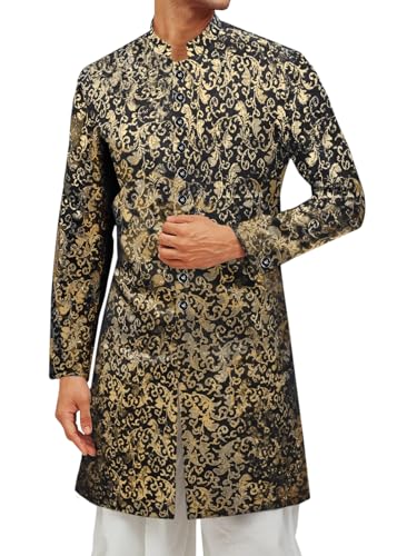 Runcati Mens Kurta Sherwani Coats Shiny Stiff Indian Wedding Kaftan Mandarin Collar Attire Ethnic Outfits Costume Jackets Gold