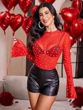 Avidlove Women Mesh Tops Rhinestone Tops Long Bell Sleeve Blouses Glitter Shirts Sexy Clubwear Outfits Red M